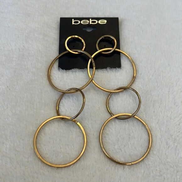 NEW Bebe Super Long Gold Tone Hoop Dangle Earrings - Picture 1 of 5